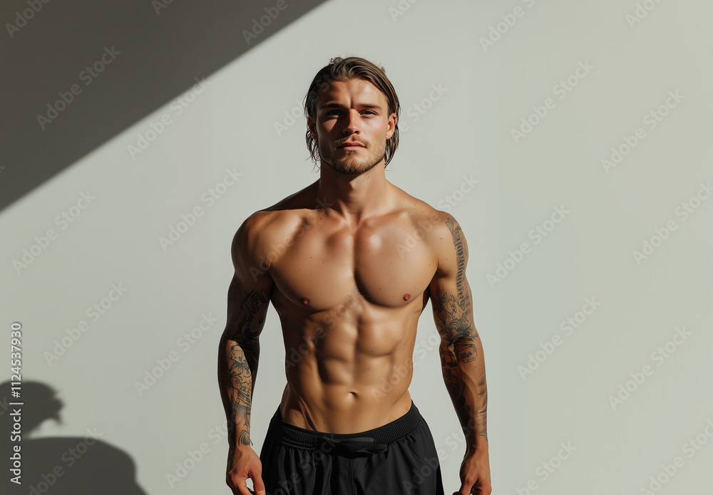 Tanned athletic male with tattoos standing confidently in a well-lit studio showcasing a fit physique during a fitness photoshoot Tanned athletic male with tattoos standing confidently in a well-lit studio showcasing a fit physique during a fitness photoshoot