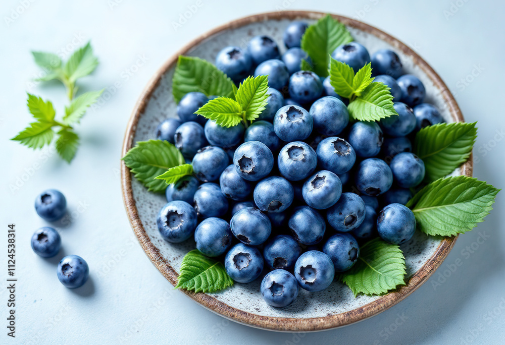 A plate of fresh, ripe blueberries with green leaves on a light background A plate of fresh, ripe blueberries with green leaves on a light background