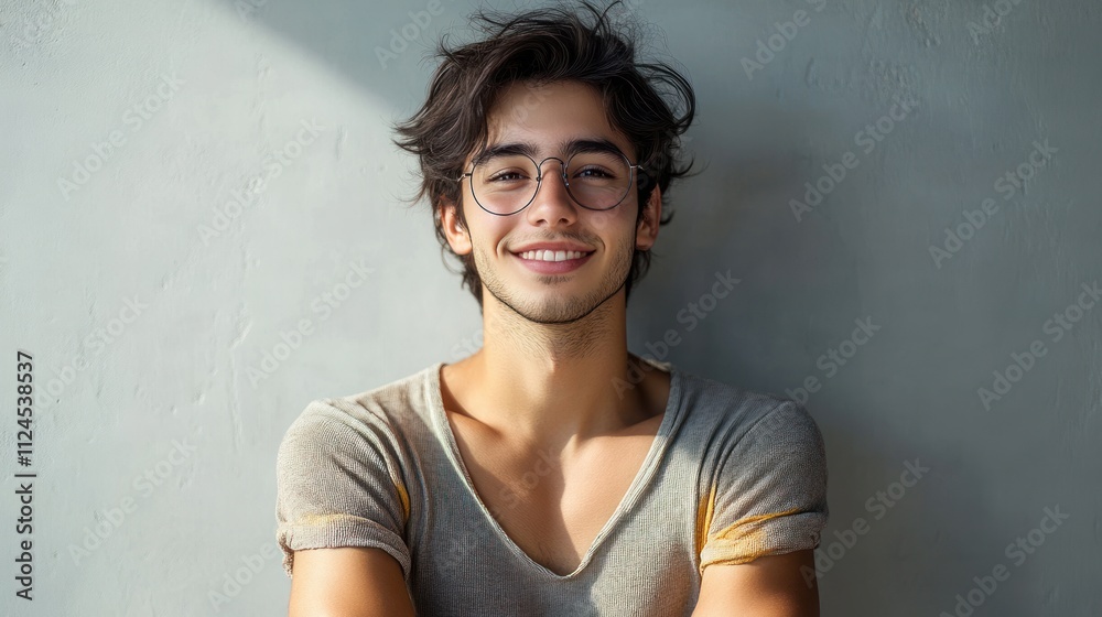 Confident Young Smiling Businessman in Gray Shirt and Glasses with Crossed Arms on White Background