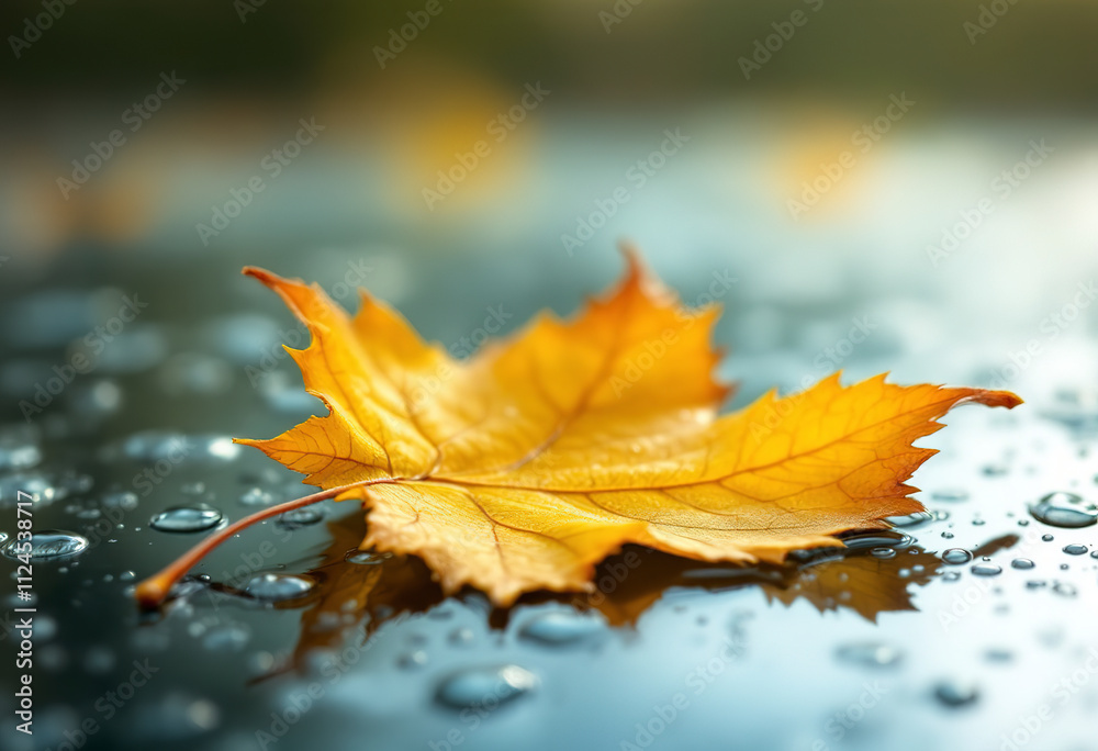 A single yellow autumn leaf on a glass surface with water droplets, against a blurred background A single yellow autumn leaf on a glass surface with water droplets, against a blurred background