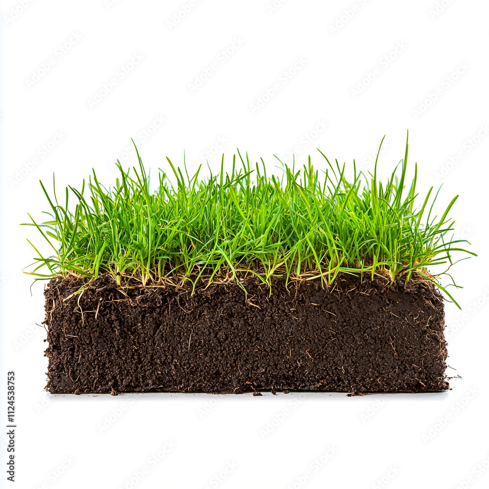 green grass patches on soil, cut out isolated on white background.