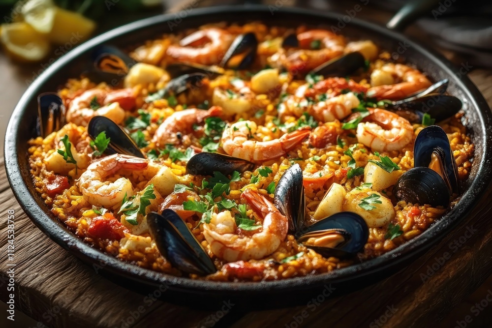 Seafood Paella Dish with Shrimp Mussels and Rice Cooked in Saffron Traditional Spanish Recipe from Barcelona Seafood Paella Dish with Shrimp Mussels and Rice Cooked in Saffron Traditional Spanish Recipe from Barcelona