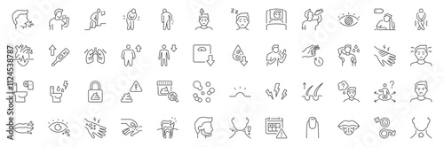 Medical symptoms line icons. Vector illustration include icon - cough, body pain, weight loss, headache, insomnia, fatigue, diarrhea outline pictogram for health issues, sickness. Editable stroke photo