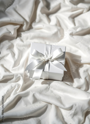 A white gift box with a white ribbon on a crumpled white fabric background