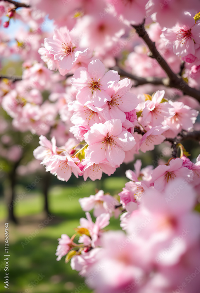 Blooming pink cherry blossom trees in a lush green garden on a sunny day Blooming pink cherry blossom trees in a lush green garden on a sunny day