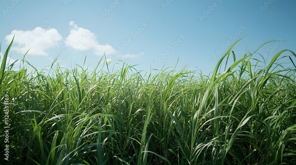 Fototapeta premium A lush green field with tall grass swaying in the breeze under a clear blue sky, open space above for potential text or design