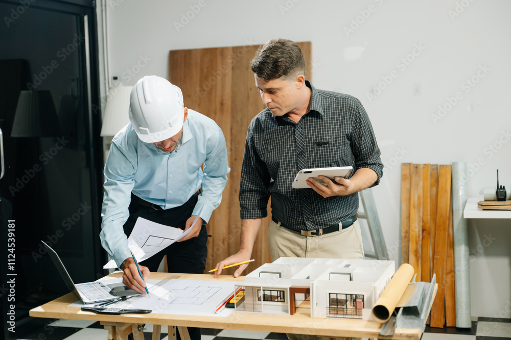Professional collaboration in architecture. Two engineers work on construction plans, using tools like laptops, tablets, and scale models. Professional collaboration in architecture. Two engineers work on construction plans, using tools like laptops, tablets, and scale models.