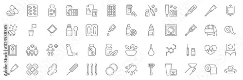 Medicines, pharmacy line icons. Vector illustration include icon - prescription pill bottle, cough syrup, painkiller, vitamin, hygiene products, hormones outline healthcare pictogram. Editable stroke