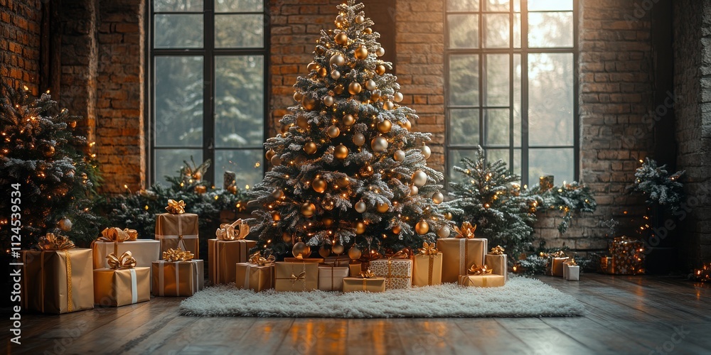 Beautifully Decorated Christmas Tree with Presents in a Cozy Winter Room Beautifully Decorated Christmas Tree with Presents in a Cozy Winter Room