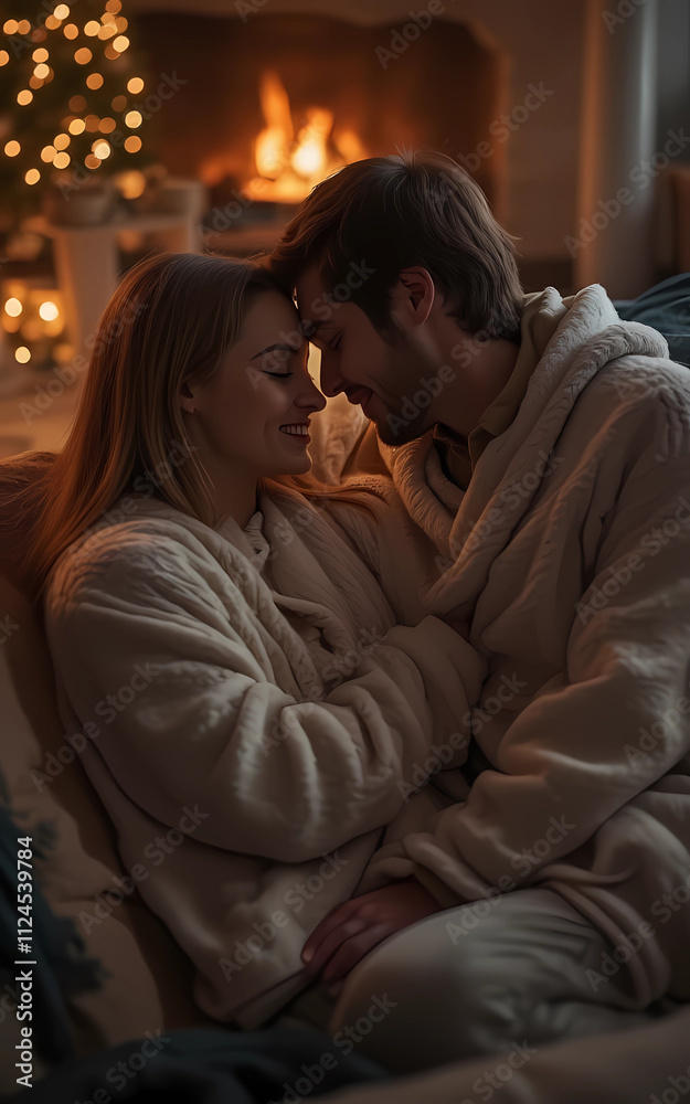 Couple by the fireplace in cozy winter attire Couple by the fireplace in cozy winter attire