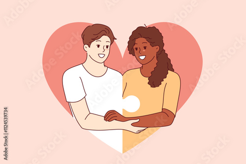 Love between diverse couple and with man and woman holding hands and consisting of puzzle pieces. Multiracial love or romantic relationships through mutual understanding or equality 