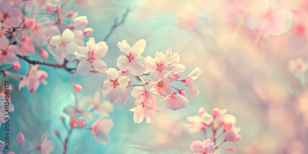 cherry blossoms in retro style in pastel light blue and pink tones in nature cherry blossoms in retro style in pastel light blue and pink tones in nature