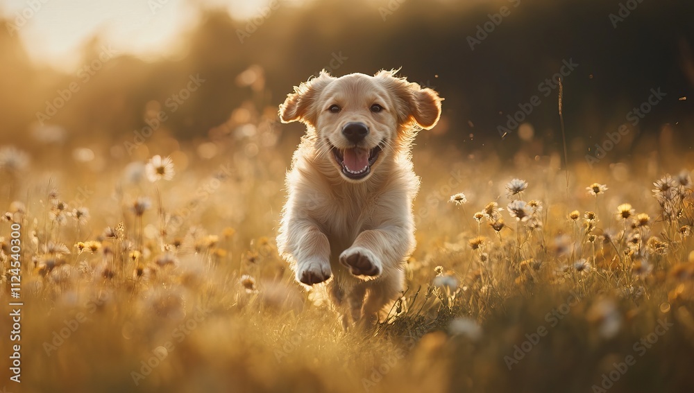 Golden Retriever puppy running joyfully in a sunny grassy field with flowers. AI generated image Golden Retriever puppy running joyfully in a sunny grassy field with flowers. AI generated image