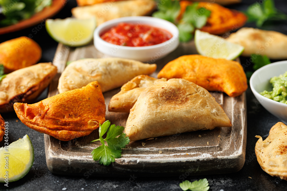 Freshly served traditional empanadas on wooden board. Mexican food Freshly served traditional empanadas on wooden board. Mexican food