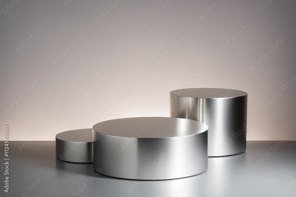 Three metallic silver podiums on a gray surface Three metallic silver podiums on a gray surface