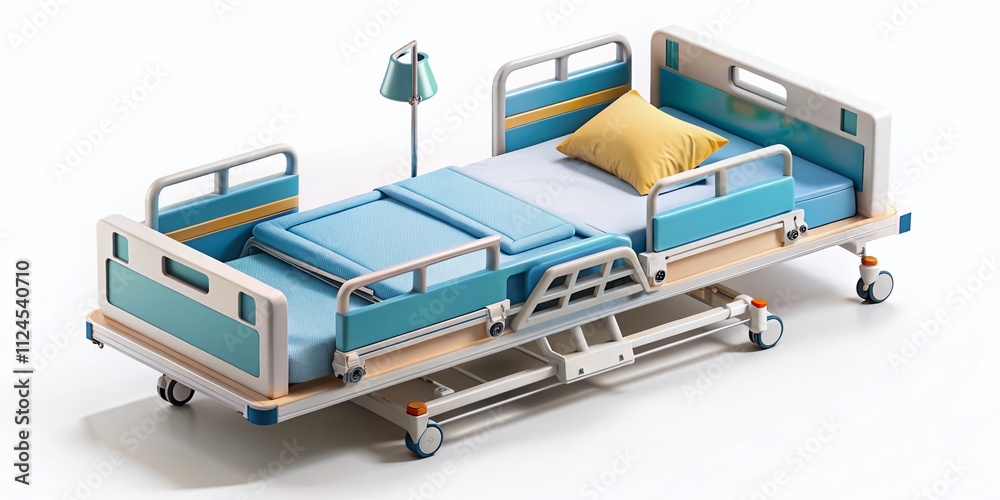 3D Isometric Model of a Hospital Bed for Medical Illustrations, Highlighting Advanced Design and Functionality for Healthcare Visualization Needs 3D Isometric Model of a Hospital Bed for Medical Illustrations, Highlighting Advanced Design and Functionality for Healthcare Visualization Needs