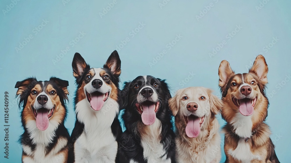 Group of dogs sitting together with happy expressions and a light blue background. AI generated image Group of dogs sitting together with happy expressions and a light blue background. AI generated image