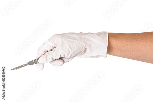 Doctor's hand in a white glove holding a scalpel transparent png photo