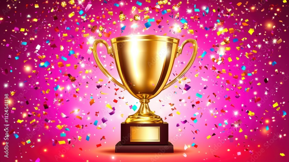 Golden Trophy Surrounded by Colorful Confetti on a Vibrant Pink Background Celebrating Achievement and Success in a Festive Atmosphere Golden Trophy Surrounded by Colorful Confetti on a Vibrant Pink Background Celebrating Achievement and Success in a Festive Atmosphere