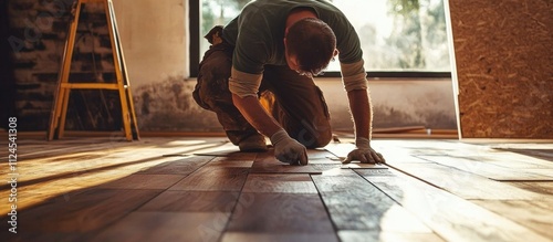 male worker lays parquet or laminate during home renovation