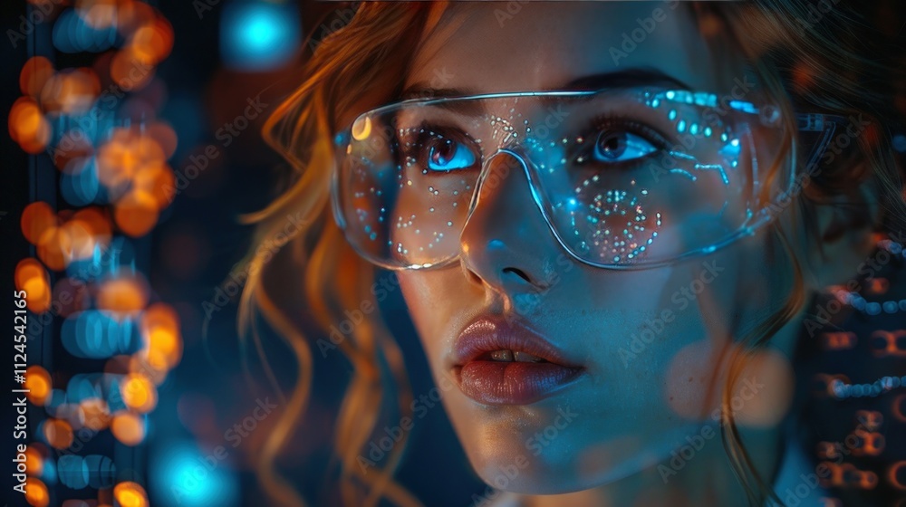 Female scientist wearing protective glasses with a holographic display Female scientist wearing protective glasses with a holographic display