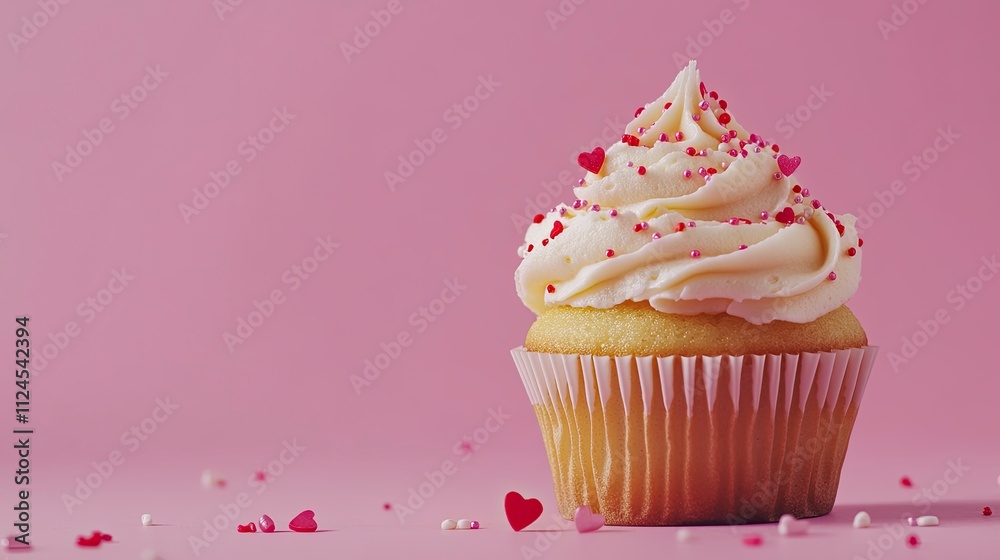 Valentines Day Cupcake treat with buttercream icing and heart sprinkles on a Pink background. copy space. Valentines Day Cupcake treat with buttercream icing and heart sprinkles on a Pink background. copy space.