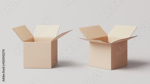 Open and closed cardboard boxes displayed side by side neutral tones ideal for e-commerce shipping or warehouse storage visuals