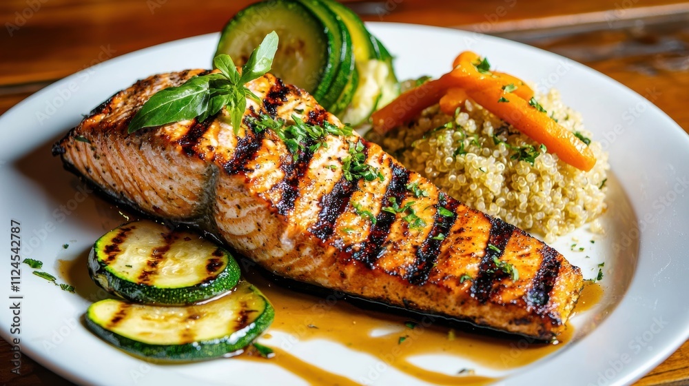Plate of grilled salmon garnished with herbs paired with zucchini carrots and quinoa vibrant healthy eating presentation Plate of grilled salmon garnished with herbs paired with zucchini carrots and quinoa vibrant healthy eating presentation