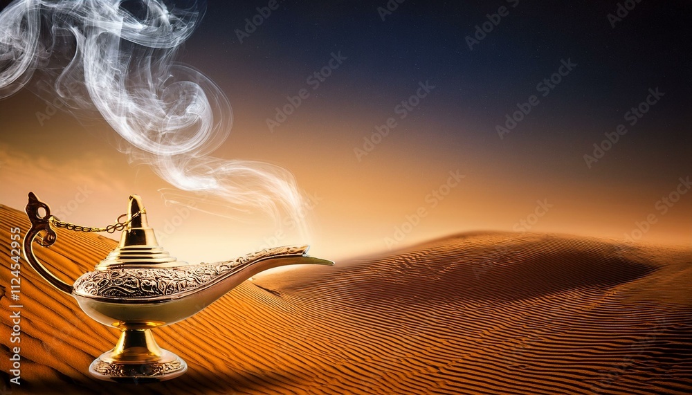 A mystical genie emerges from a golden lamp in the desert, surrounded by swirling smoke and dramatic lighting, ideal for fantasy visuals A mystical genie emerges from a golden lamp in the desert, surrounded by swirling smoke and dramatic lighting, ideal for fantasy visuals