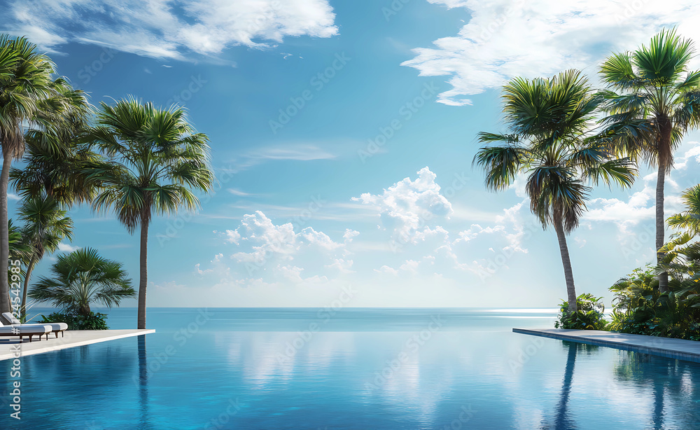 A beautiful ocean view with palm trees in the background A beautiful ocean view with palm trees in the background