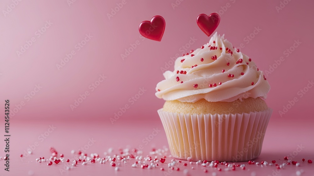 Valentines Day Cupcake treat with buttercream icing and heart sprinkles on a Pink background. copy space. Valentines Day Cupcake treat with buttercream icing and heart sprinkles on a Pink background. copy space.