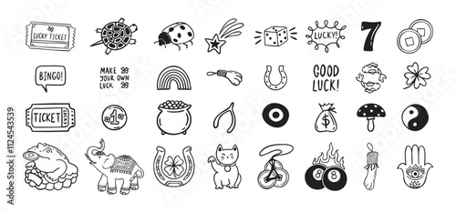 Good Luck doodle Symbols Set. Hand drawn lucky icons. Asian talismans and charms outline set.