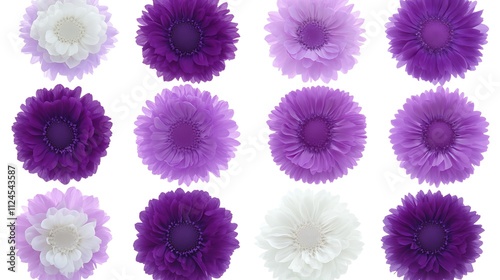 Twelve Purple and White Flowers Arranged in a Grid