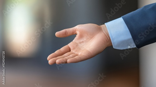 Outstretched Hand Inviting Gesture in a Formal Business Suit, selective focus