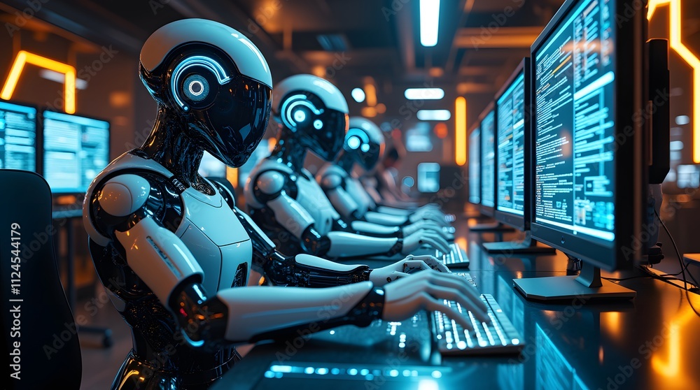 Future is now: Robots coding diligently, a futuristic scene of automated programming. Future is now: Robots coding diligently, a futuristic scene of automated programming.