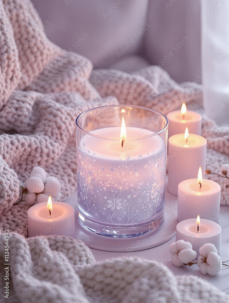 Soft candlelight glowing in a cozy setting with a knitted blanket and decorative elements during winter Soft candlelight glowing in a cozy setting with a knitted blanket and decorative elements during winter