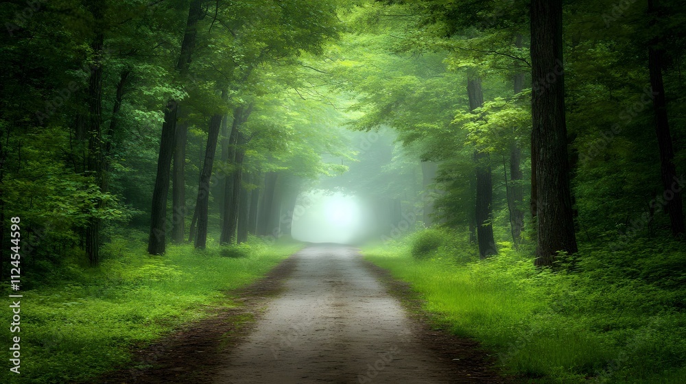 Obraz premium A mysterious, foggy forest path with tall trees looming on both sides, soft greens and grays, large open space for text