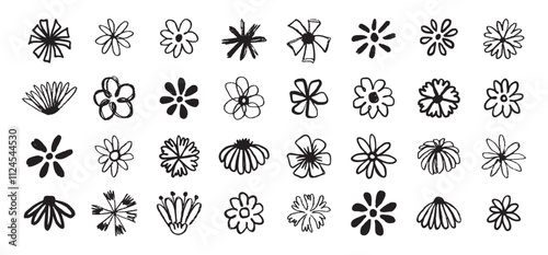 Flowers grunge brush doodle blossom icons set. Flowers Scribble ink hand drawn brush. Chamomile flowers markers crayons icons 