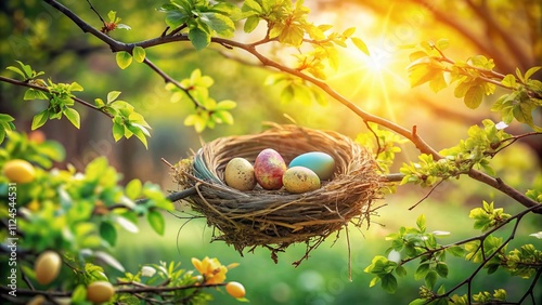 A Beautiful Bird Nest with Colorful Easter Dyed Eggs Resting on a Tree Branch, Perfectly Composed with the Rule of Thirds for a Stunning Springtime Nature Scene