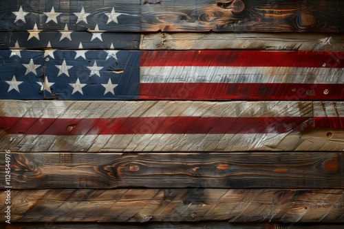 Rustic wooden background featuring vibrant american flag in classic red, white, and blue colors