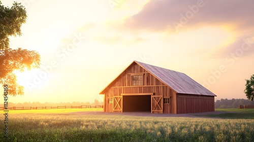 A rustic wooden barn with a brightly lit field under a sunset sky, plenty of empty space for text or design