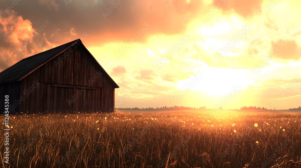 A rustic wooden barn with a brightly lit field under a sunset sky, plenty of empty space for text or design A rustic wooden barn with a brightly lit field under a sunset sky, plenty of empty space for text or design
