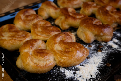 Fresh homemade baked goods.Homemade freshly baked buns.Homemade food.