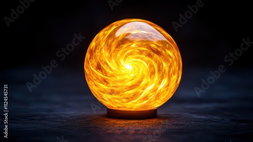 A glowing orb with swirling golden patterns, emitting a warm light against a dark background, suggesting mystery and energy.