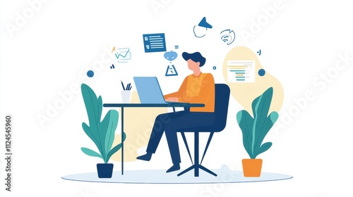 Modern Workspace Illustration Featuring a Person Working on a Laptop Surrounded by Plants, Charts, and Creative Graphics in a Bright and Inviting Environment