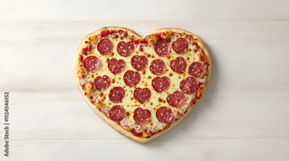 Heart shaped pizza with heart shaped salami on white wood background. Creative art food idea for Valentine or Mother day. Top view. Heart shaped pizza with heart shaped salami on white wood background. Creative art food idea for Valentine or Mother day. Top view.