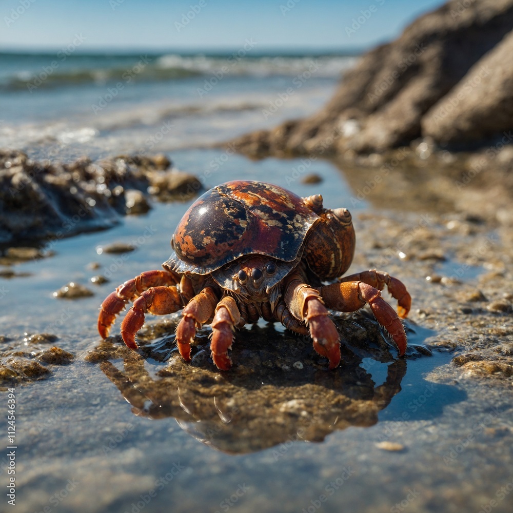 A hermit crab switching shells in a clear tidal pool. A hermit crab switching shells in a clear tidal pool.