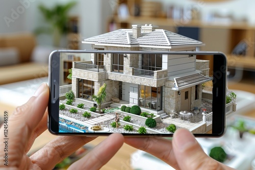 Person holding a smartphone, showcasing an image of a house on the device s display screen. photo