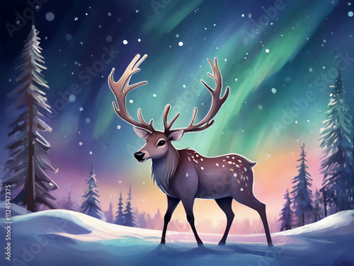 Fairy tale deer with big horns in a snowy night forest with aurora borealis sky watercolor horizontal print