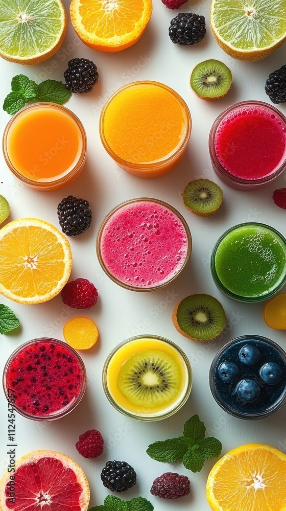 Vibrant Fruit Juices in Glass Cups for Refreshing Summer Beverages Vibrant Fruit Juices in Glass Cups for Refreshing Summer Beverages